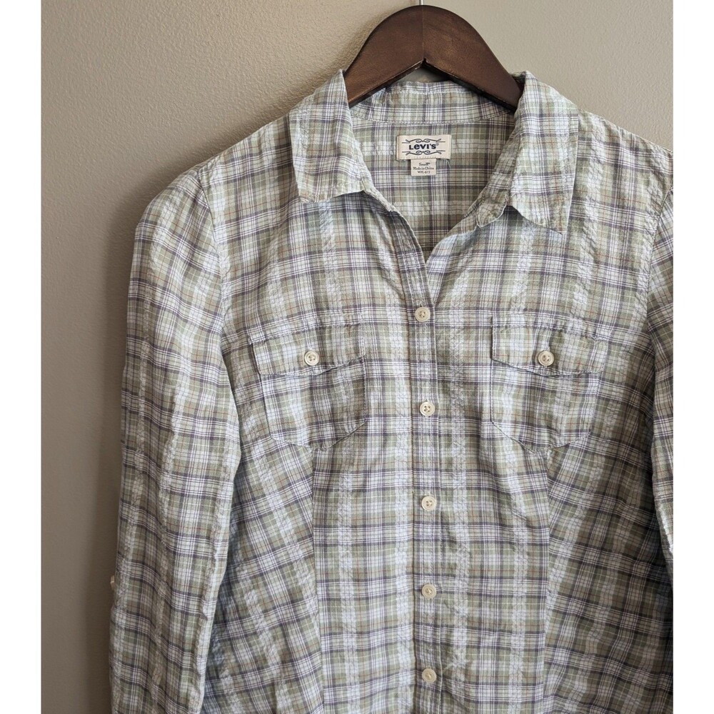 Levis Womens Small S Green Plaid Button Up Shirt Long Sleeve Lightweight Cotton